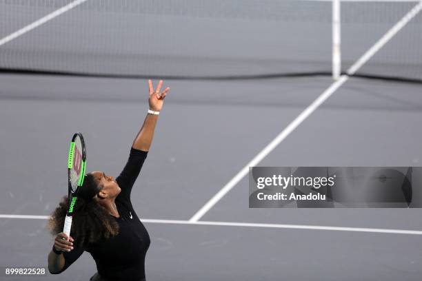 Serena Williams of United States in action during her Ladies Final match against Jelena Ostapenko of Latvia on day three of the Mubadala World Tennis...