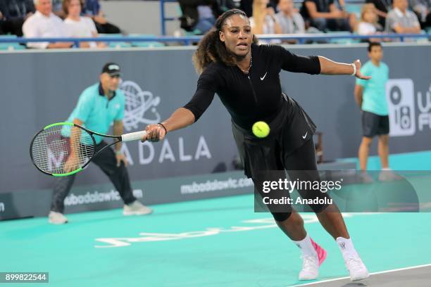 Serena Williams of United States in action during her Ladies Final match against Jelena Ostapenko of Latvia on day three of the Mubadala World Tennis...