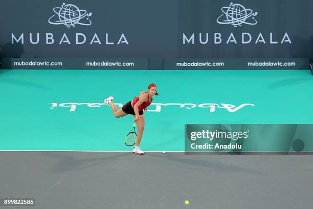 Jelena Ostapenko of Latvia vies against Serena Williams of United States during Ladies Final match on day three of the Mubadala World Tennis...