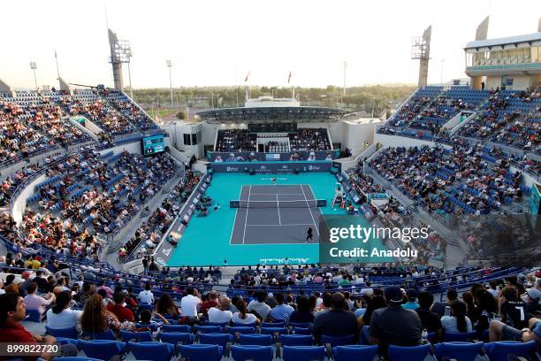 Jelena Ostapenko of Latvia vies against Serena Williams of United States during Ladies Final match on day three of the Mubadala World Tennis...