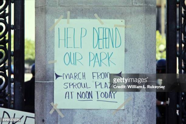 Protest sign on University of California's Sather Gate reads, 'Help Defend Our Park'.