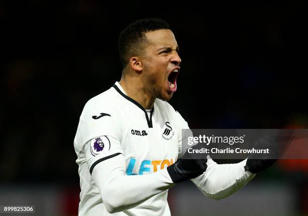 Martin Olsson of Swansea City celebrates victory after the Premier League match between Watford and Swansea City at Vicarage Road on December 30,...