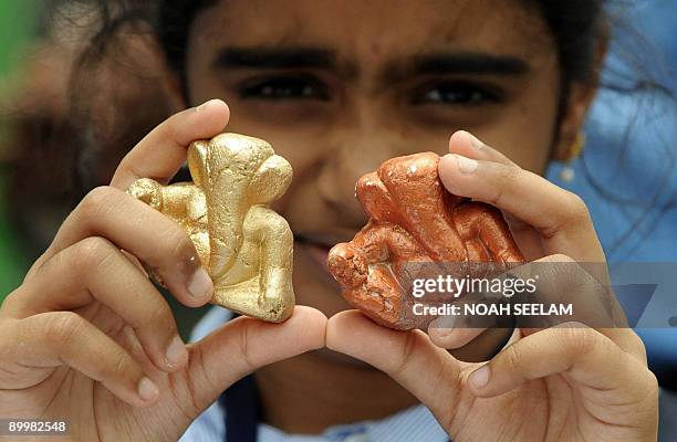 An Indian schoolchild poses with Hindu God Lord Ganesha idols during an awareness campaign in Hyderabad on August 21, 2009. Ahead of the forthcoming...
