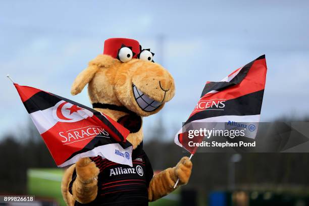 The Saracens mascot is seen during the Aviva Premiership match between Saracens and Worcester Warriors at Allianz Park on December 30, 2017 in...