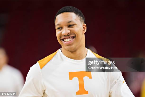 Grant Williams of the Tennessee Volunteers warms up before a game against the Arkansas Razorbacks at Bud Walton Arena on December 30, 2017 in...