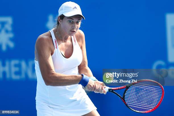 Stefanie Voegele of Switzerland returns a shot during the qualification match against Irina Bara of Romania during 2018 WTA Shenzhen Open at Longgang...