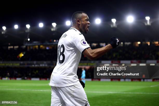Swansea Jordan Ayew celebrates the teams after the final whistle during the Premier League match between Watford and Swansea City at Vicarage Road on...