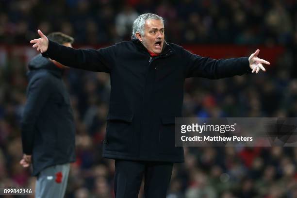 Manager Jose Mourinho of Manchester United appeals for a penalty for handball by Maya Yoshida of Southampton during the Premier League match between...