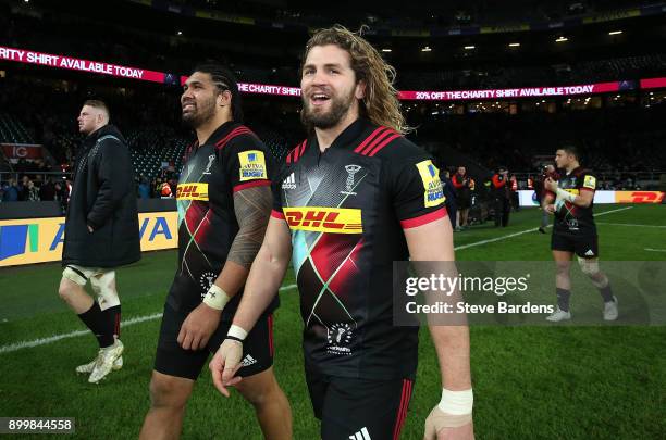 Luke Wallace of Harlequins celebrates his team's victory following the Aviva Premiership Big Game 10 match between Harlequins and Northampton Saints...