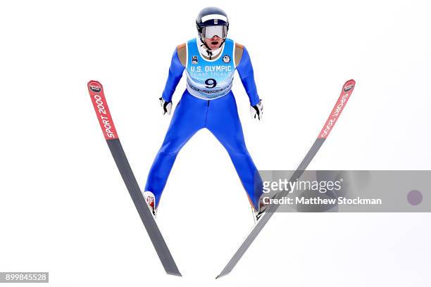 Bryan Fletcher jumps on the Normal Hill during the U.S. Nordic Combined Olympic Trials on December 30, 2017 at Utah Olympic Park in Park City, Utah.