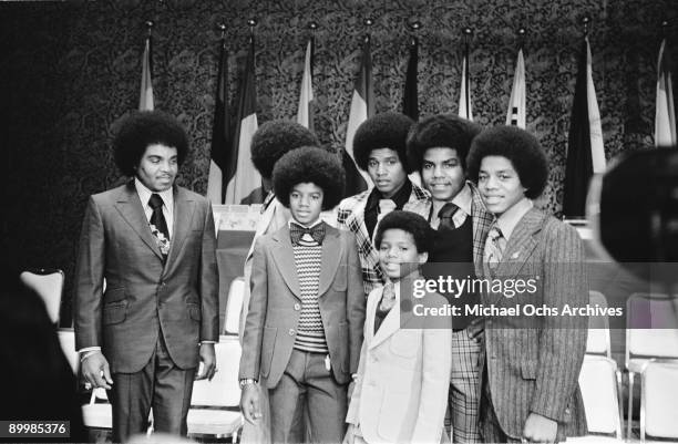 American singer Michael Jackson and the Jackson brothers in Japan, with their father Joseph Jackson, May 1973.