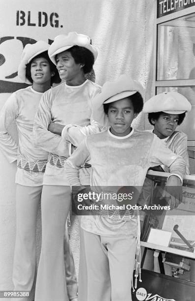 American singer Michael Jackson and part of the Jackson Five at the ABC Studios, 9th July 1971. From left to right, Jermaine, Jackie, Marlon and...