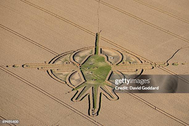 Crop circles adorn wheat fields near to Walkers Hill White Horse and North of Alton Barnes, August 19, 2009 the Vale of Pewsey, Wiltshire, England.