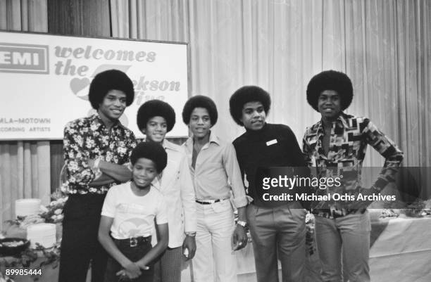 American singer Michael Jackson with the Jackson Five during a tour of Australia, 1st July 1973. From left to right, Jackie, Randy, Michael, Marlon,...