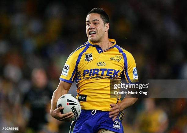 Jarryd Hayne of the Eels makes a break during the round 24 NRL match between the Wests Tigers and the Parramatta Eels at the Sydney Football Stadium...