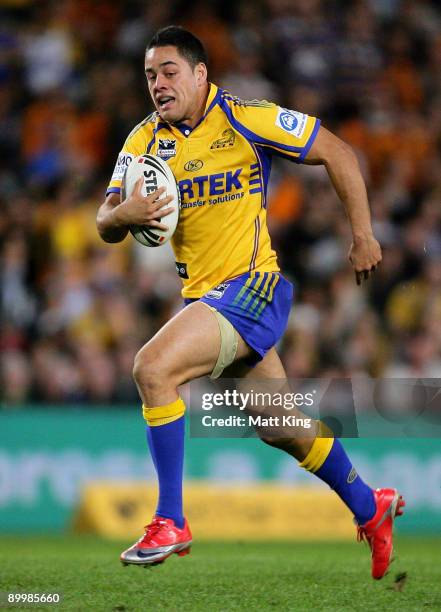 Jarryd Hayne of the Eels makes a break during the round 24 NRL match between the Wests Tigers and the Parramatta Eels at the Sydney Football Stadium...