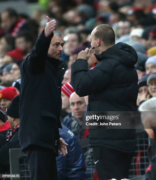 Manager Jose Mourinho of Manchester United complains to fourth official Bobby Madley during the Premier League match between Manchester United and...