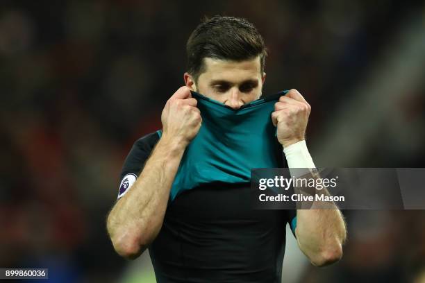 Shane Long of Southampton reacts during the Premier League match between Manchester United and Southampton at Old Trafford on December 30, 2017 in...