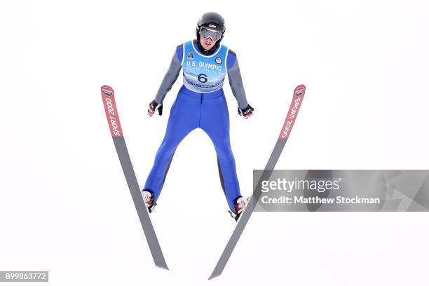 William Rhoads trains on the Normal Hill in preparation for the U.S. Men's Ski Jumping Olympic Trials on December 30, 2017 at Utah Olympic Park in...