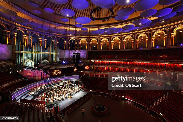 Musicians of The West-Eastern Divan youth orchestra, conducted by Daniel Barenboim rehearse in the Royal Albert Hall ahead of their performace in the...