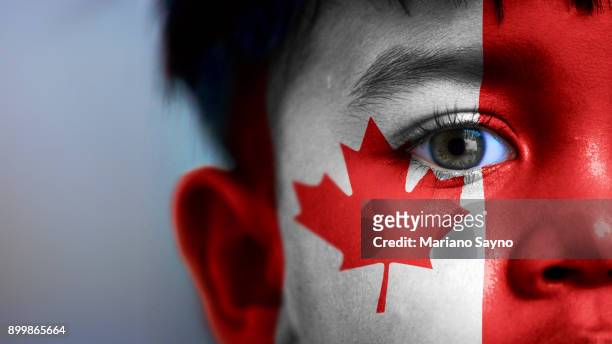 boy's face, looking at camera, cropped view with digitally placed canada flag on his face. - ottawa stock-fotos und bilder