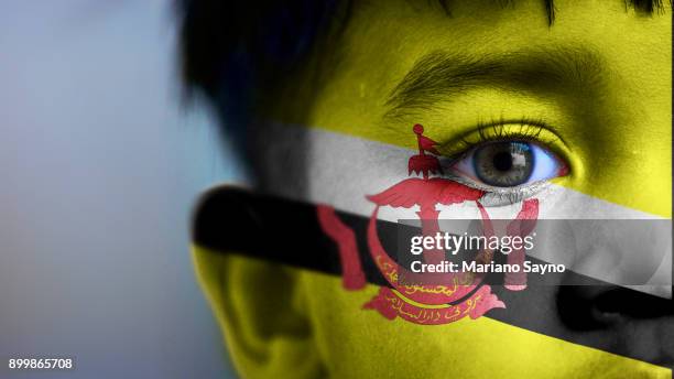 boy's face, looking at camera, cropped view with digitally placed brunei flag on his face. - tribo africana oriental imagens e fotografias de stock