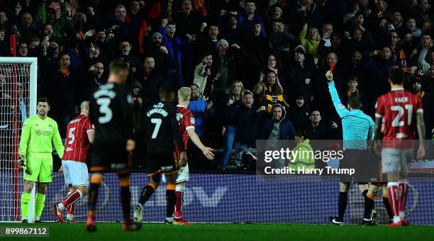 Frank Fielding of Bristol City is shown a red card during the Sky Bet Championship match between Bristol City and Wolverhampton Wanderers at Ashton...