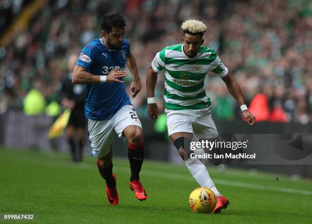 Scott Sinclair of Celtic vies with Daniel Candeias of Rangersduring the Scottish Premier League match between Celtic and Ranger at Celtic Park on...