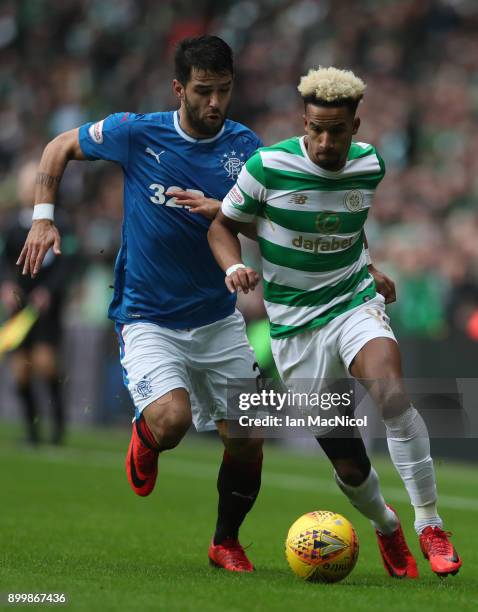 Scott Sinclair of Celtic vies with Daniel Candeias of Rangers during the Scottish Premier League match between Celtic and Ranger at Celtic Park on...