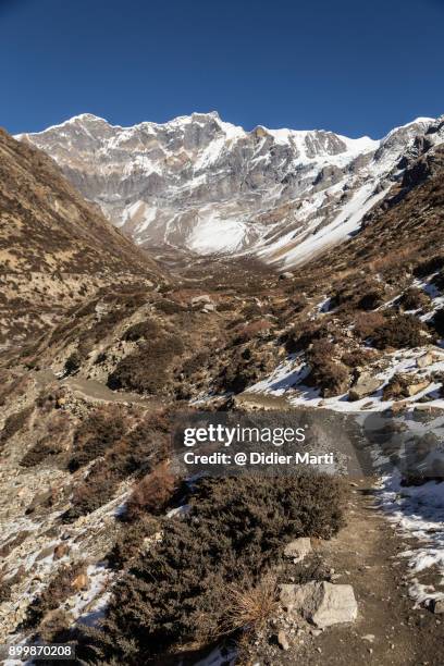 annapurna circuit trekking path and the chulu mountain range in nepal - annapurna circuit photos et images de collection