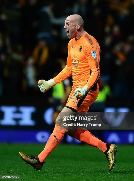 John Ruddy of Wolves celebrates as Ryan Bennett of Wolverhampton Wanderersscores his sides winning goal during the Sky Bet Championship match between...