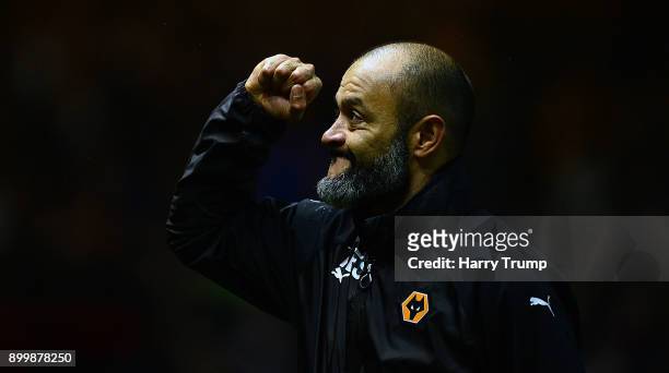 Nuno Espirito Santo, Manager of Wolverhampton Wanderers celebrates at the final whistle during the Sky Bet Championship match between Bristol City...