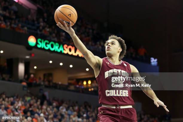Jordan Chatman of the Boston College Eagles shoots in the first half during a game against the Virginia Cavaliers at John Paul Jones Arena on...