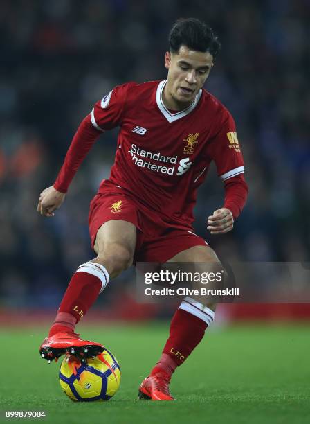 Philippe Coutinho of Liverpool in action during the Premier League match between Liverpool and Leicester City at Anfield on December 30, 2017 in...