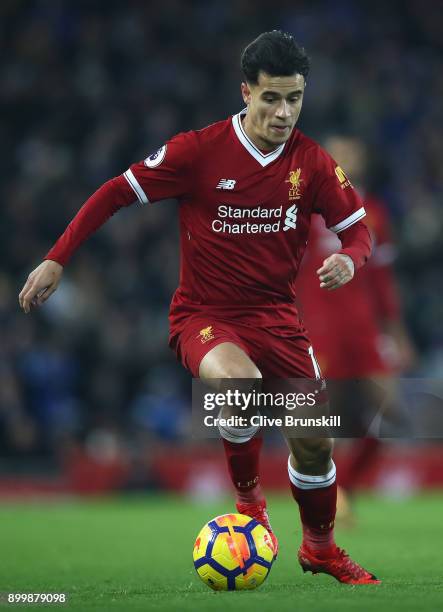 Philippe Coutinho of Liverpool in action during the Premier League match between Liverpool and Leicester City at Anfield on December 30, 2017 in...