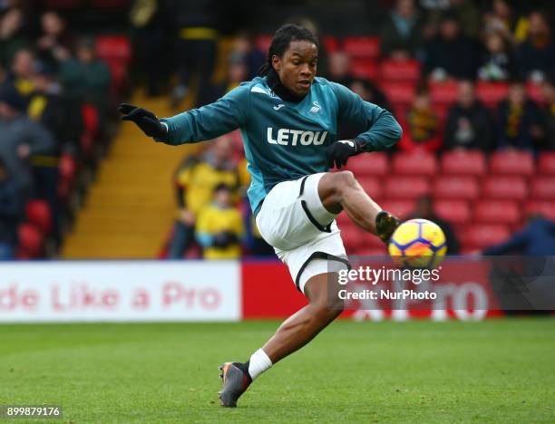 Swansea City's Renato Sanches during the pre-match warm-up during Premier League match between Watford and Swansea City at Vicarage Road Stadium,...