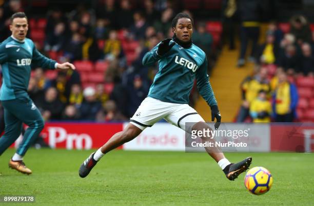 Swansea City's Renato Sanches during the pre-match warm-up during Premier League match between Watford and Swansea City at Vicarage Road Stadium,...