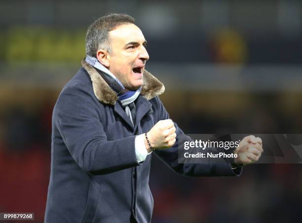 Swansea City manager Carlos Carvalhal celebrates they win during Premier League match between Watford and Swansea City at Vicarage Road Stadium,...