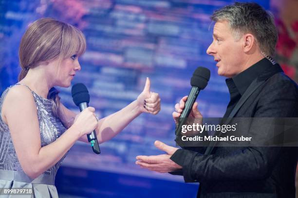 The Hosts Joerg Pilawa and Francine Jordi pose during the New Year's Eve tv show hosted by Joerg Pilawa on December 30, 2017 in Graz, Austria.