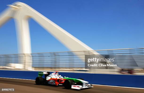 Adrian Sutil of Germany and Force India drives during practice for the European Formula One Grand Prix at the Valencia Street Circuit on August 21 in...