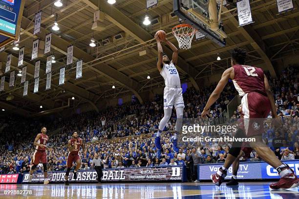 Marvin Bagley III of the Duke Blue Devils dunks against the Florida State Seminoles during their game at Cameron Indoor Stadium on December 30, 2017...