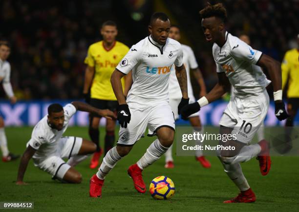 Swansea City's Jordan Ayew and Swansea City's Tammy Abraham during Premier League match between Watford and Swansea City at Vicarage Road Stadium,...