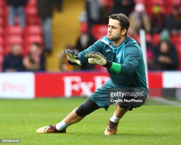 Swansea City's Lukasz Fabianski during the pre-match warm-up during Premier League match between Watford and Swansea City at Vicarage Road Stadium,...