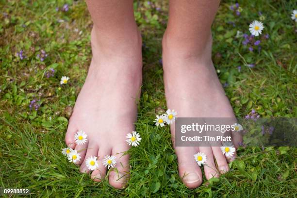 young girl standing on grass with bare feet. - girl toes stock pictures, royalty-free photos & images