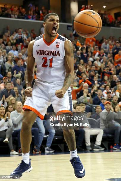 Isaiah Wilkins of the Virginia Cavaliers celebrates in the second half during a game against the Boston College Eagles at John Paul Jones Arena on...