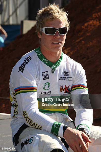 Sam Willoughby at the finish of the time trial on day one at the UCI BMX Supercross at the Pietermaritzburg Show Grounds on August 21, 2009 in...