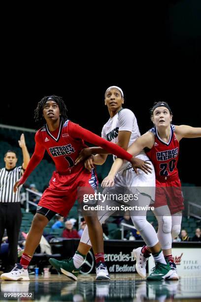 Detroit Titans forward Ashley Miller and Detroit Titans guard Nicole Urbanick box out Cleveland State Vikings forward Shadae Bosley as they go for a...