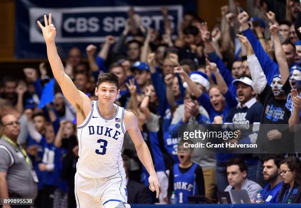 Grayson Allen of the Duke Blue Devils reacts after making a three-point basket against the Florida State Seminoles during their game at Cameron...
