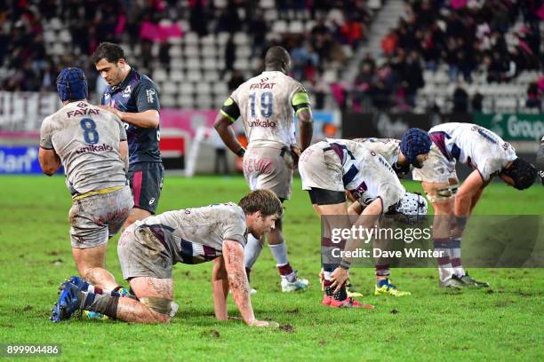 Disappointment for the away side as they lose the Top 14 match between Stade Francais and Bordeaux Begles at Stade Jean Bouin on December 30, 2017 in...