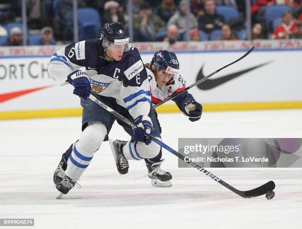 Juuso Välimäki of Finland skates the puck past Samuel Solenský of Slovakia during the second period of play in the IIHF World Junior Championships at...